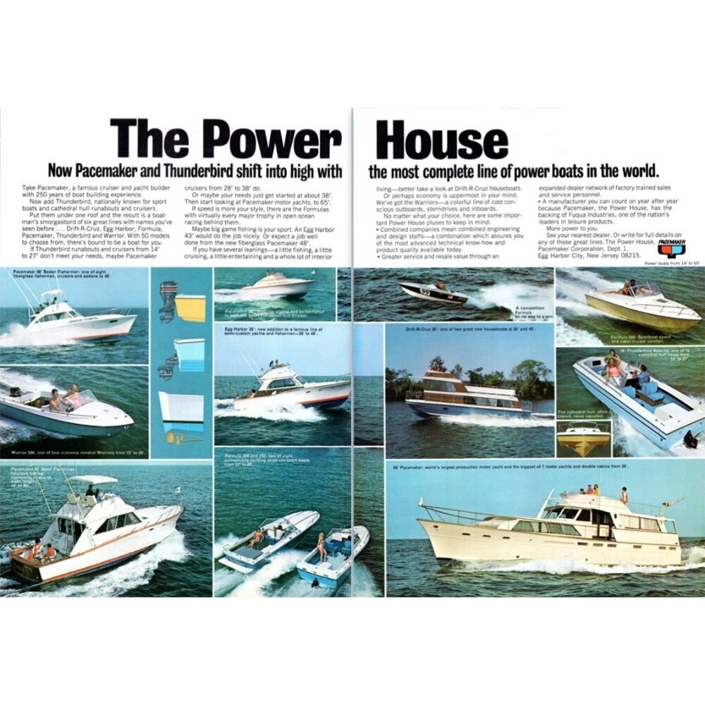 1971 Pacemaker Yachts Thunderbird Cruisers 2pg Vintage Print Ad Nautical Wall Ar